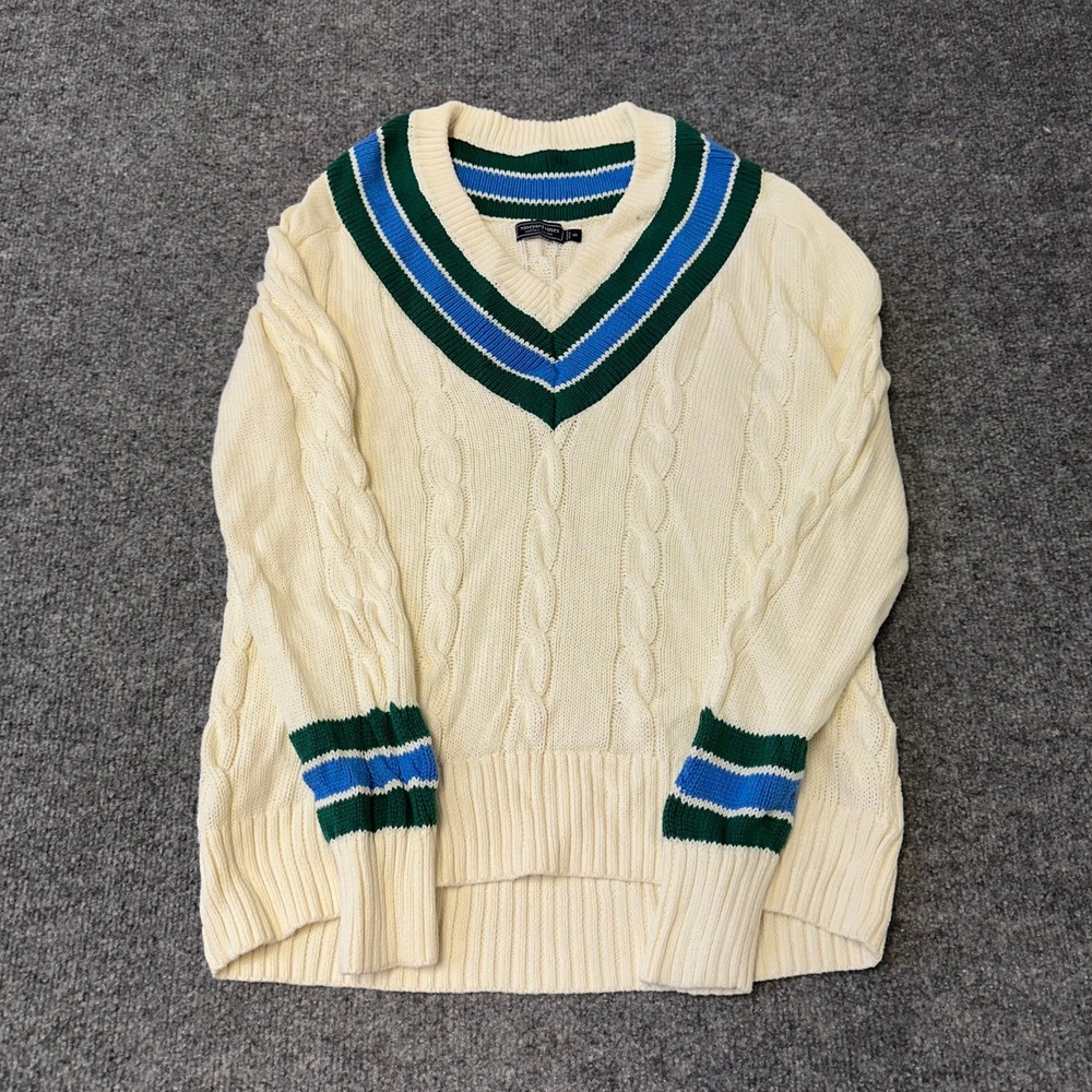 Vineyard Vines Sweater Womens Size S Cream Cable Knit V-Neck Striped Trim